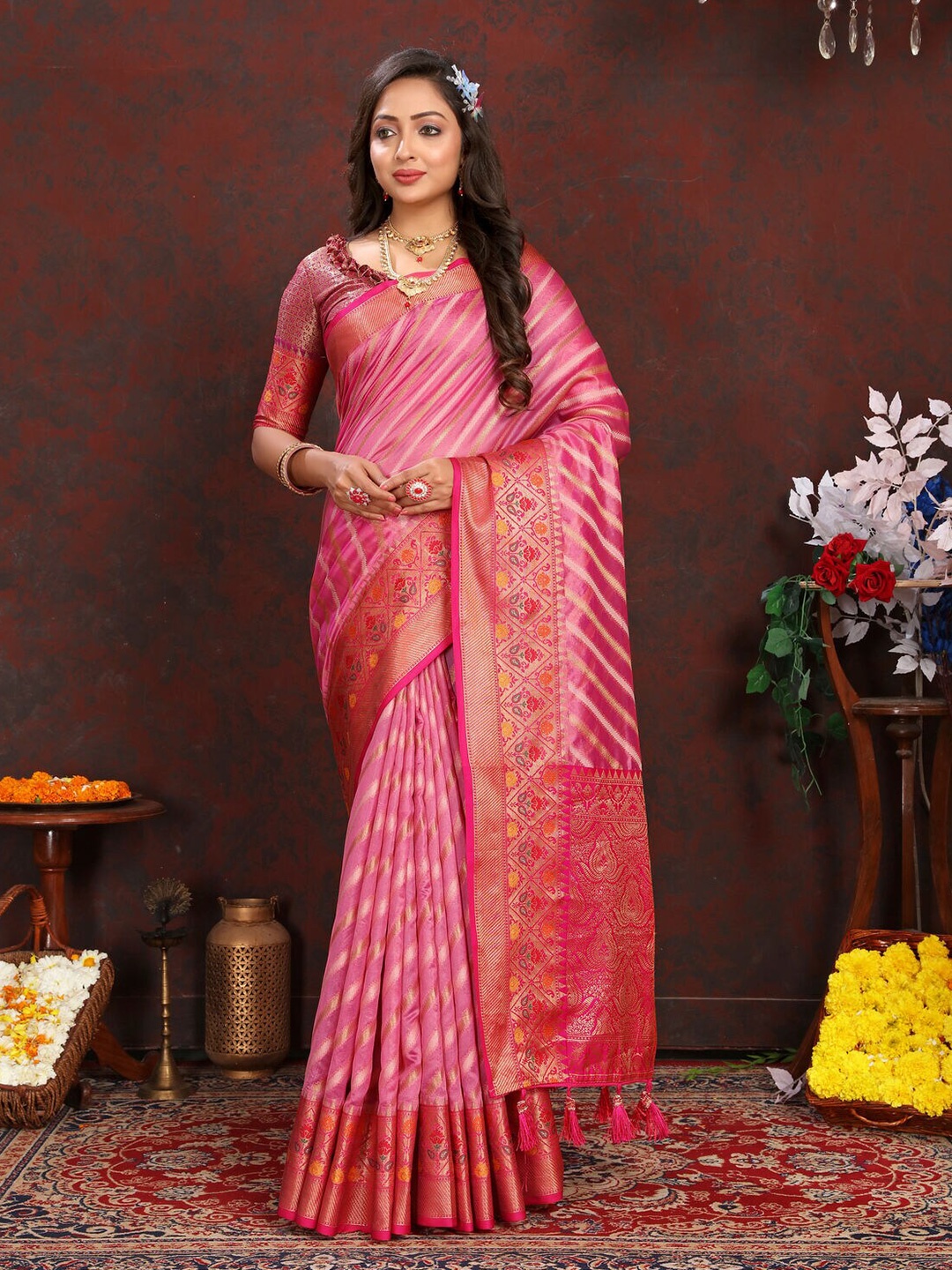 

CATCHY FOREVER Striped Woven Design Zari Banarasi Saree, Pink