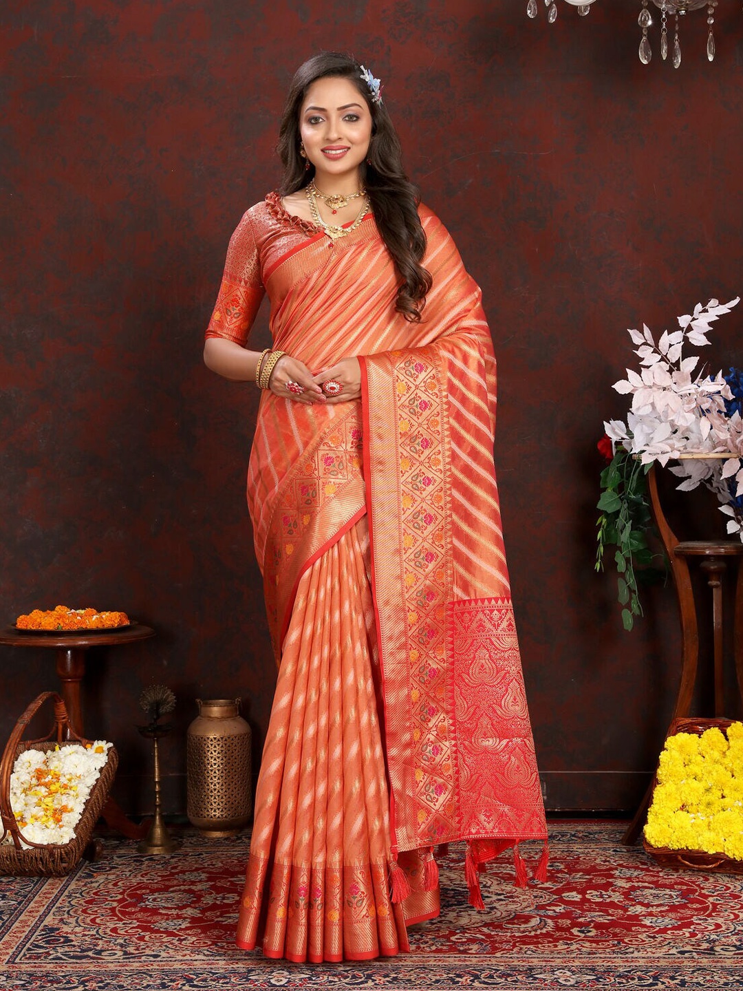 

CATCHY FOREVER Woven Design Zari Banarasi Saree, Orange