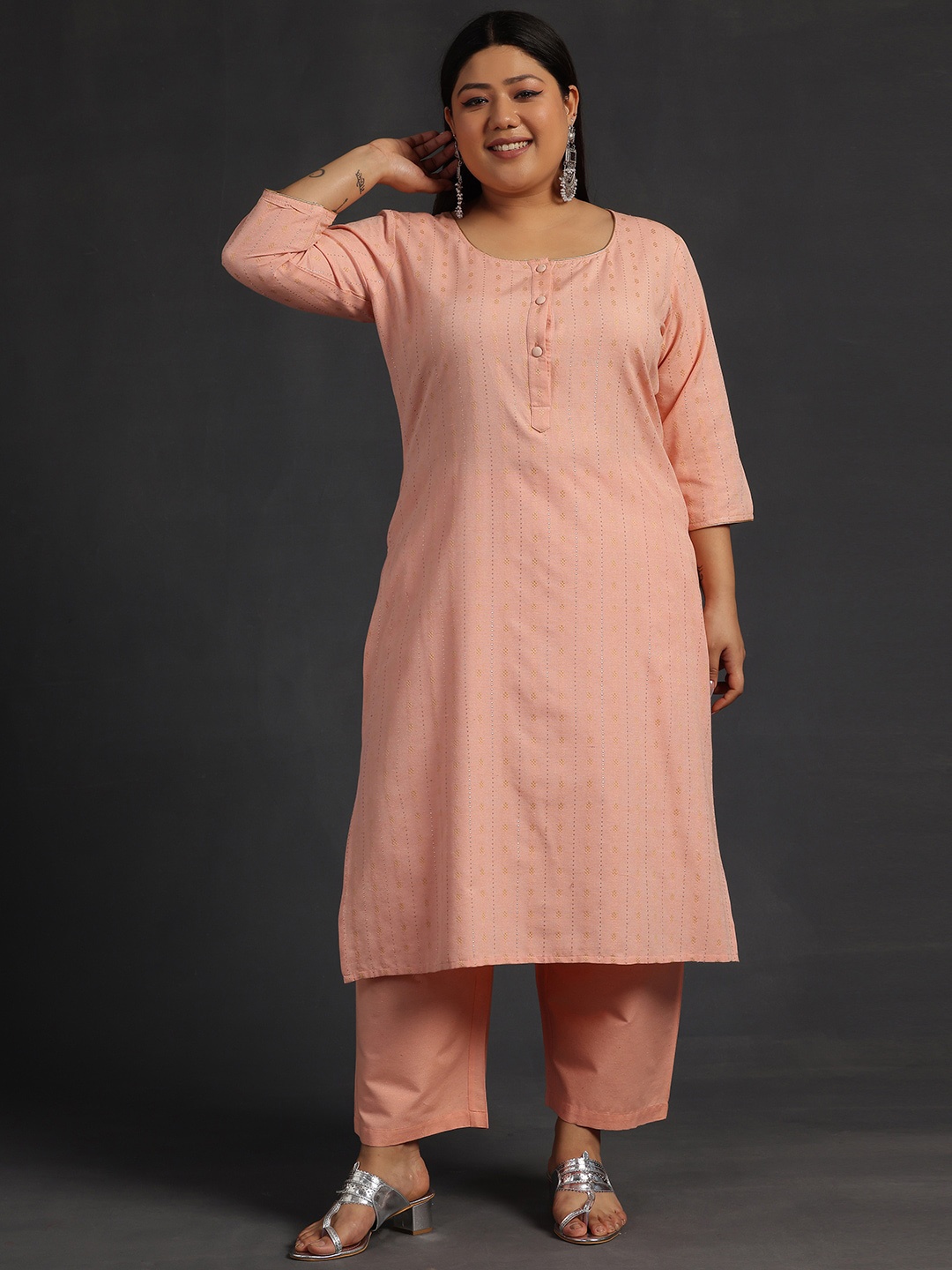 

EXTRA LOVE BY LIBAS Plus Size Woven Designed Straight Kurta with Trousers, Peach