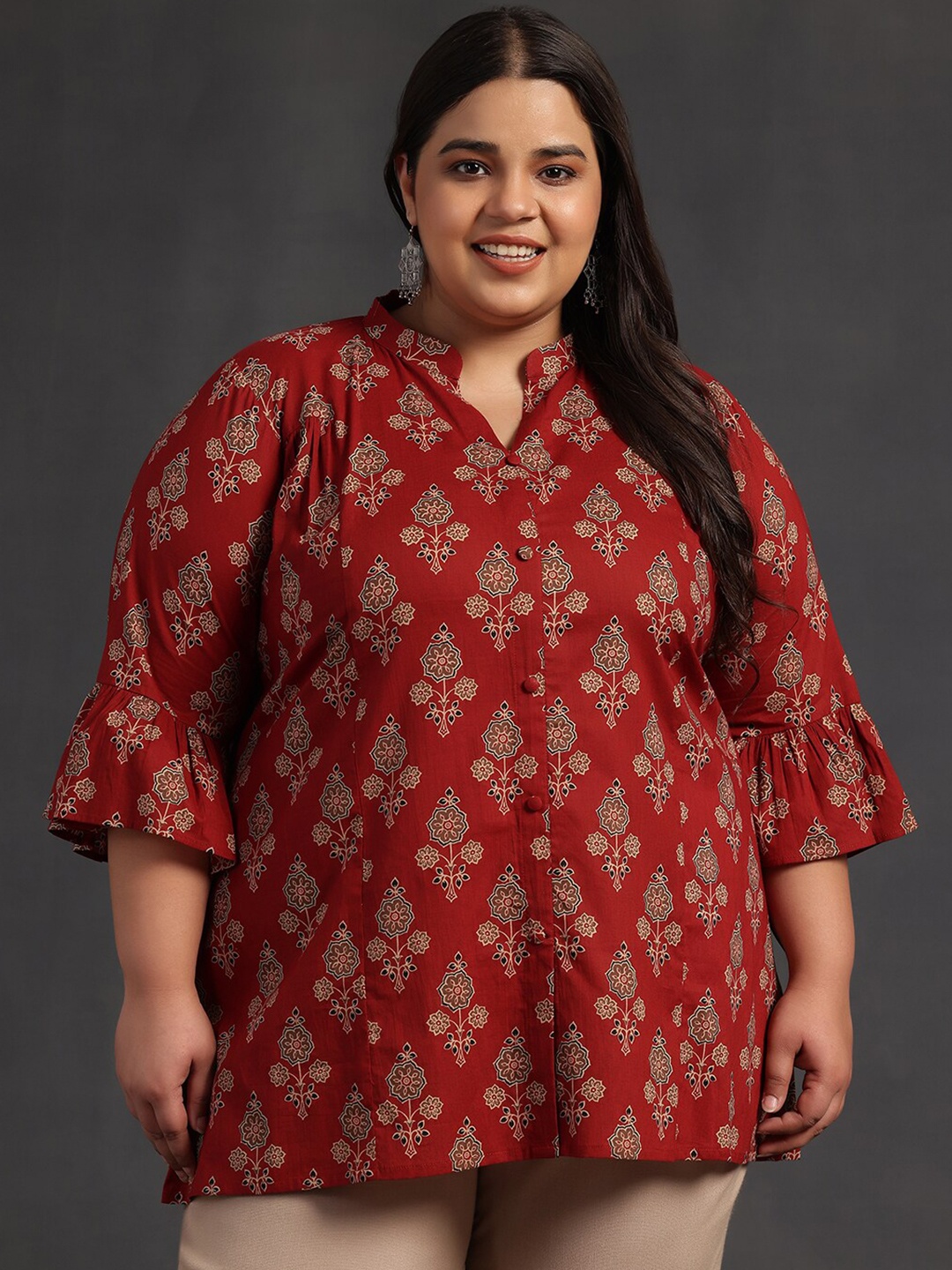 

EXTRA LOVE BY LIBAS Plus Size Floral Printed Bell Sleeves Pure Cotton A-Line Kurti, Maroon