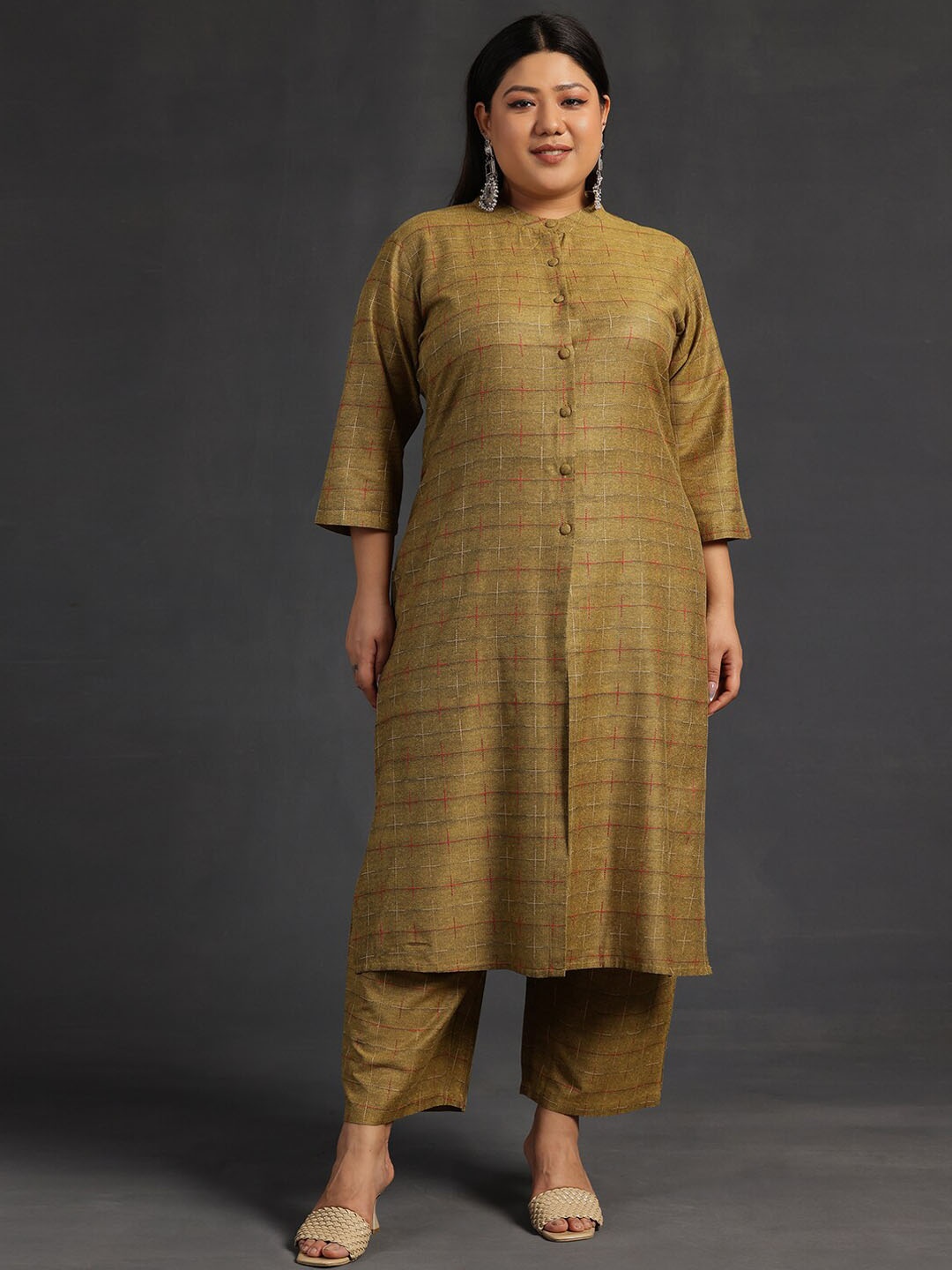 

EXTRA LOVE BY LIBAS Plus Size Self Designed Straight Kurta with Trousers, Mustard