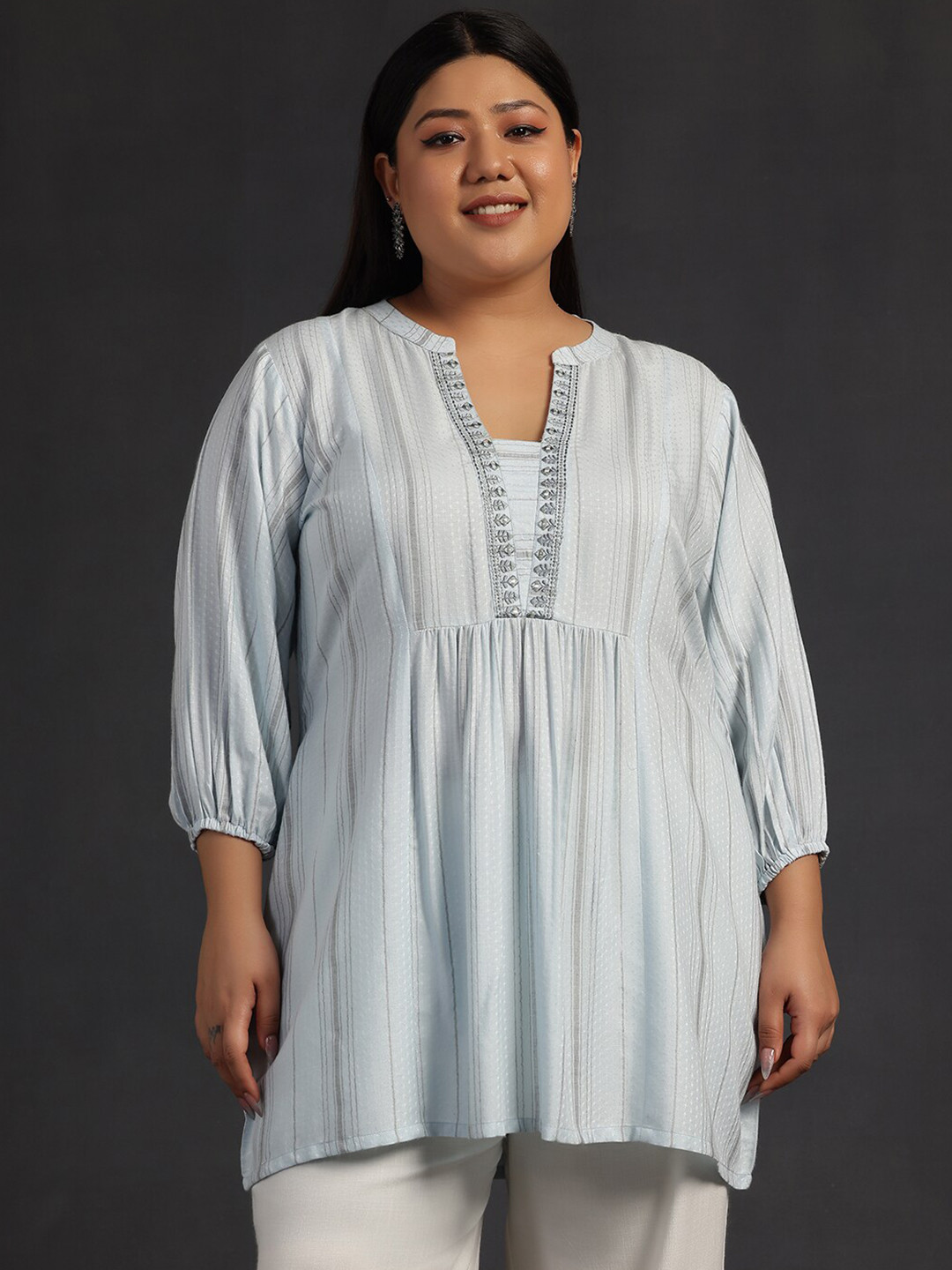 

EXTRA LOVE BY LIBAS Plus Size Striped Thread Work Detailed Mandarin Collar A-Line Kurti, Blue