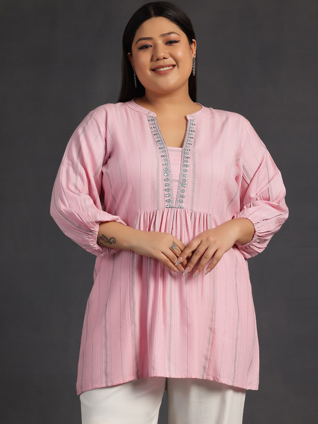 

EXTRA LOVE BY LIBAS Plus Size Striped Thread Work Detailed Mandarin Collar A-Line Kurti, Pink