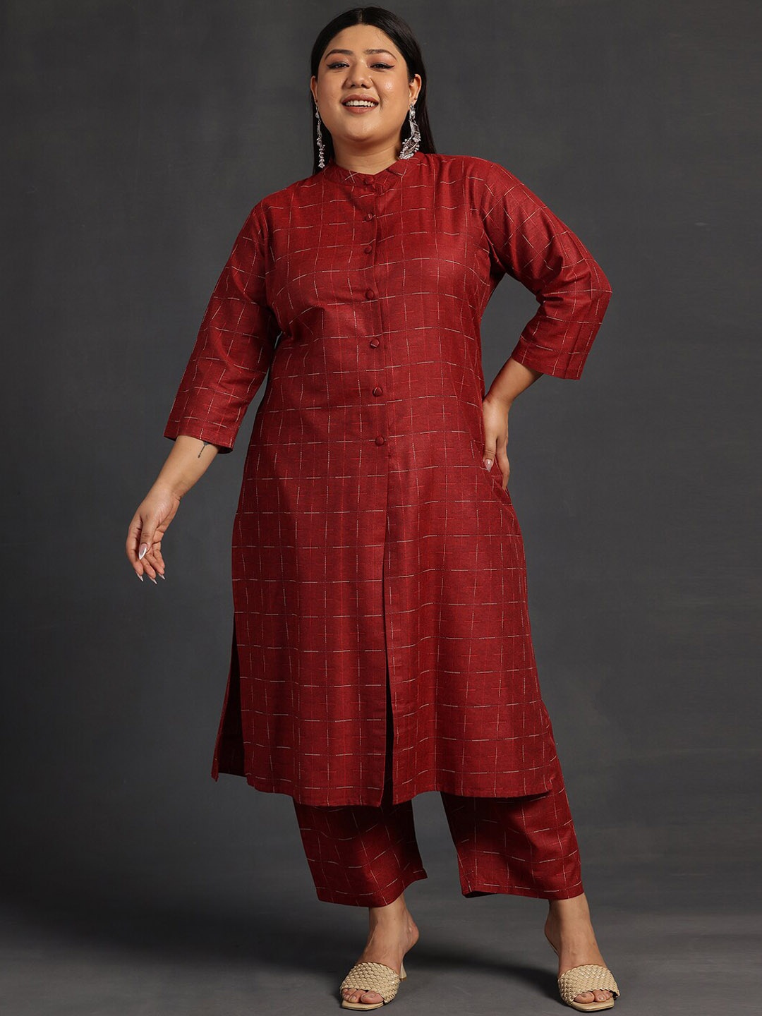 

EXTRA LOVE BY LIBAS Plus Size Straight Kurta with Trousers, Maroon