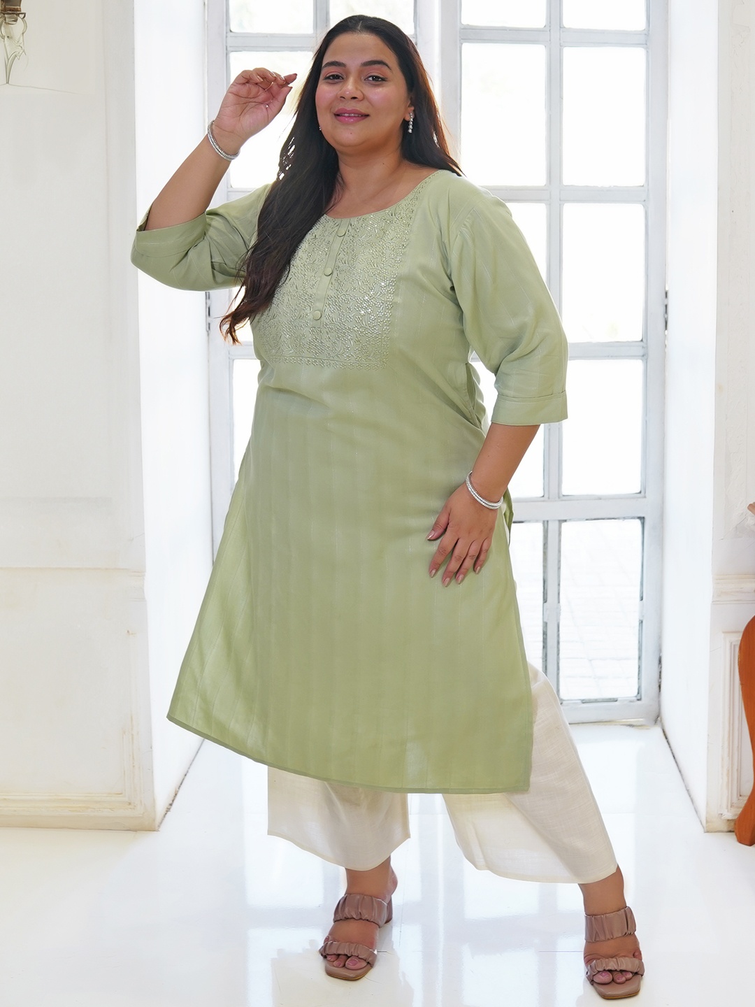 

EXTRA LOVE BY LIBAS Plus Size Ethnic Motifs Yoke Design Sequinned Straight Kurta, Green