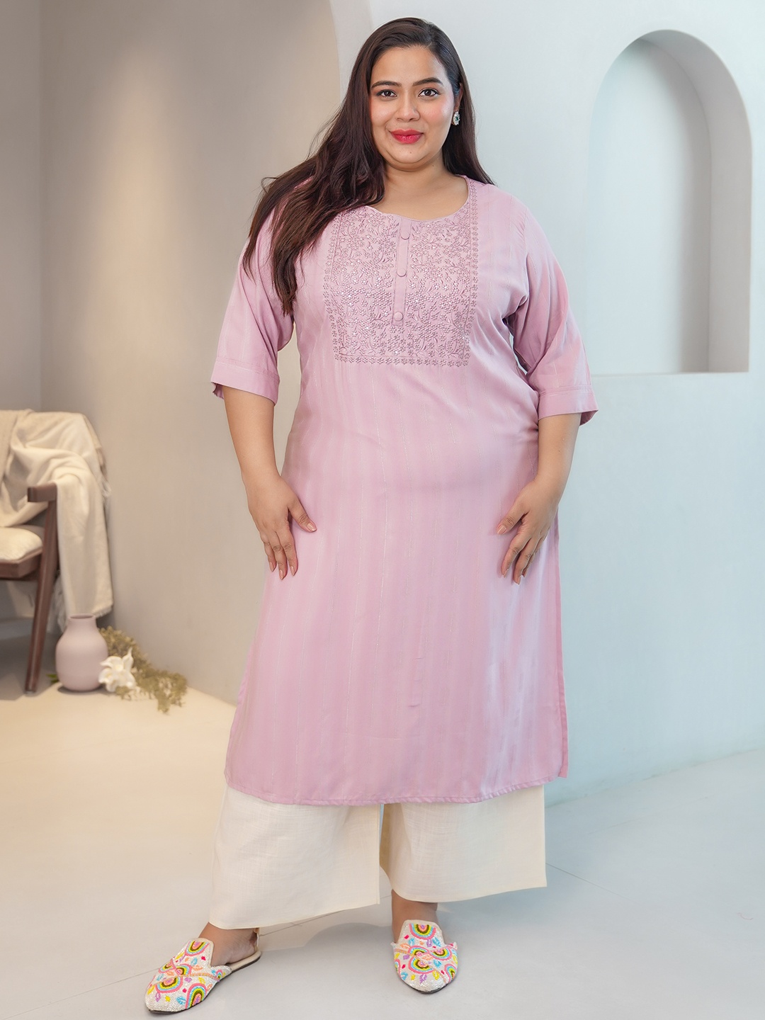 

EXTRA LOVE BY LIBAS Plus Size Floral Yoke Design Thread Work Straight Kurta, Pink