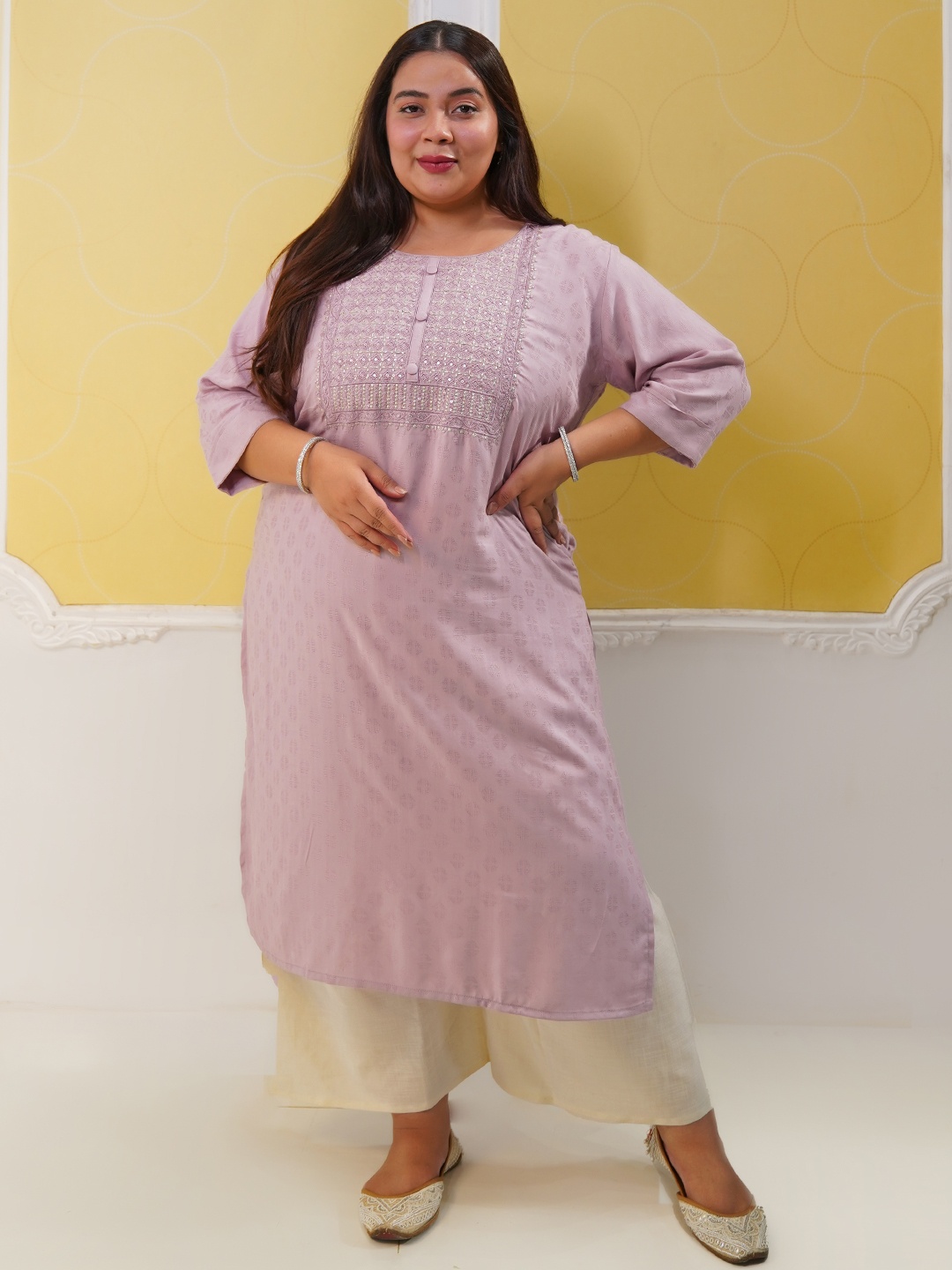EXTRA LOVE BY LIBAS Plus Size Floral Yoke Design Straight Kurta, Pink