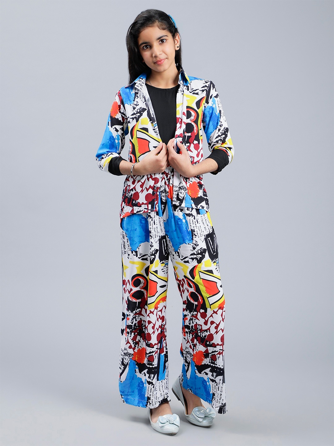 

Unique Designers Girls Abstract Printed T-shirt and Shirt with Palazzos, White