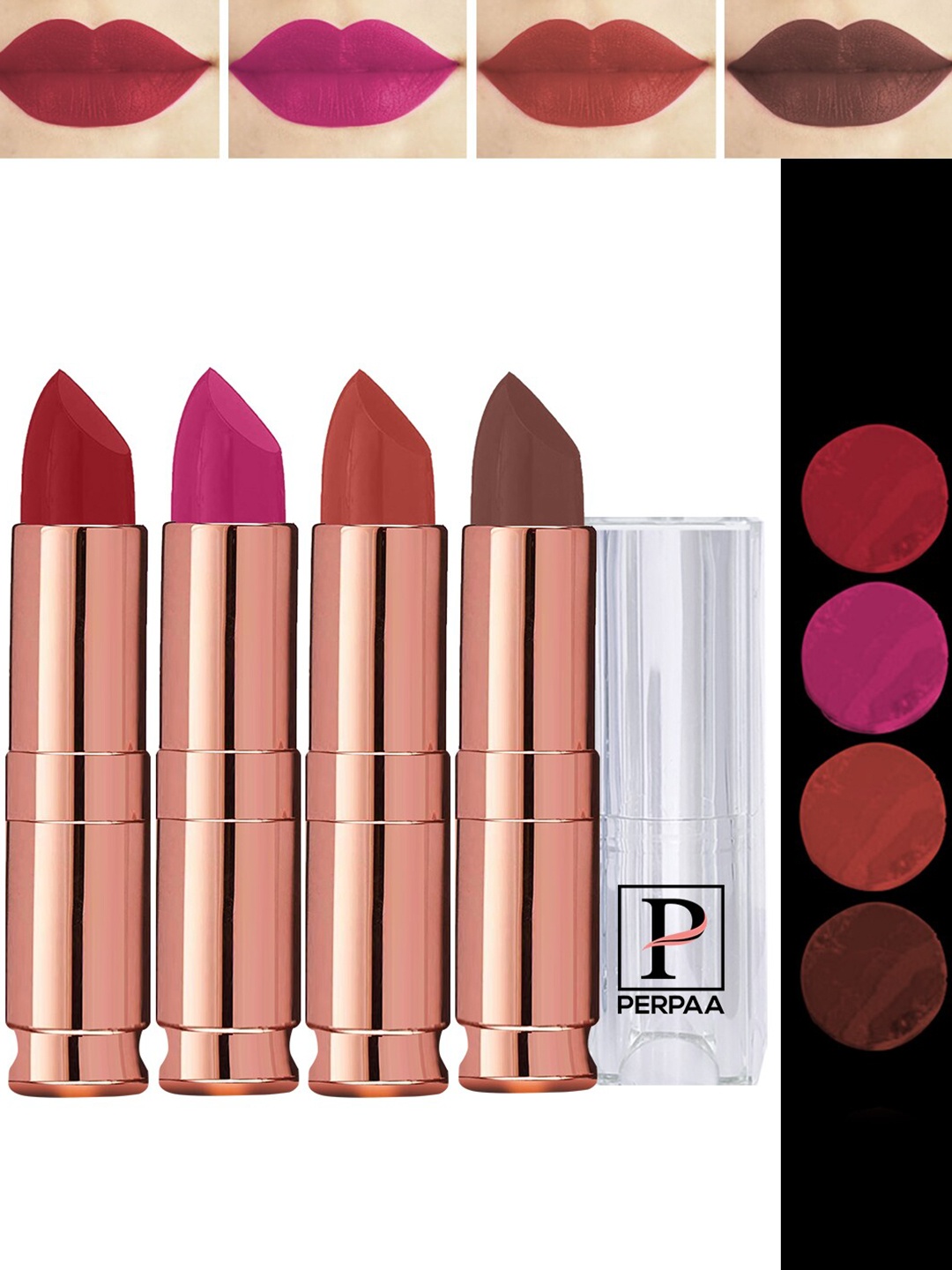 

PERPAA Antique Set Of 4 Velvet Matte Lipstick- 3.5g Each-Brown-Pink-Rust Orange-Rose Red, Multi