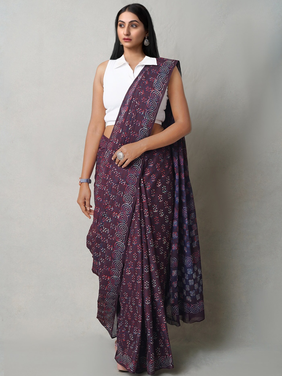 

Unnati Silks Tie and Dye Pure Cotton Handloom Block Print Saree, Purple