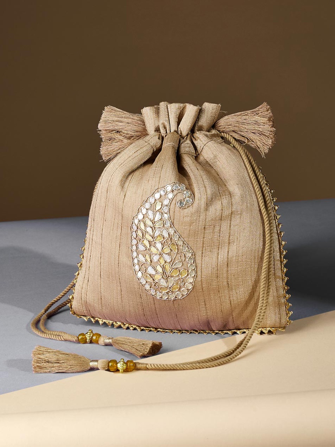 

Fabindia Embroidered Tasselled Silk Potli Clutch, Beige