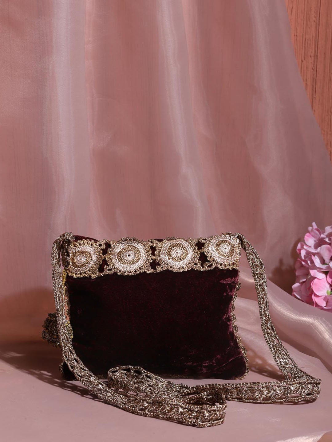 

Fabindia Embroidered Crochet Sling Bag, Maroon