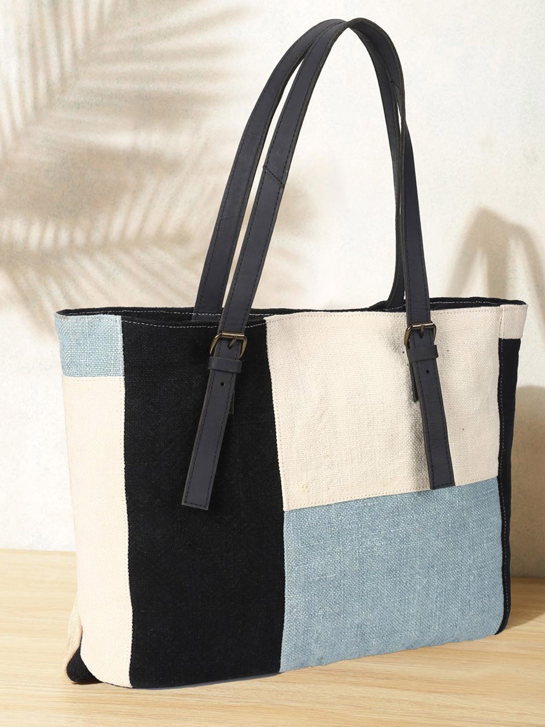 

Fabindia Colourblocked Oversized Jute Shopper Tote Bag, Black