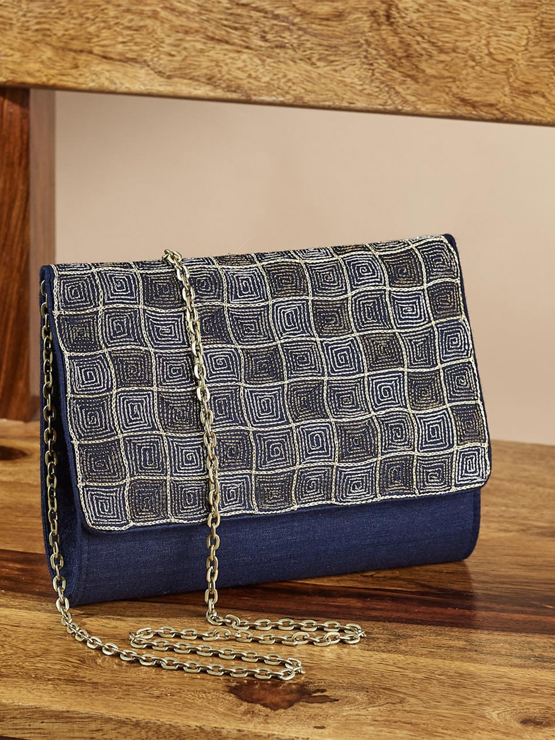 

Fabindia Embroidered Foldover Clutch, Navy blue