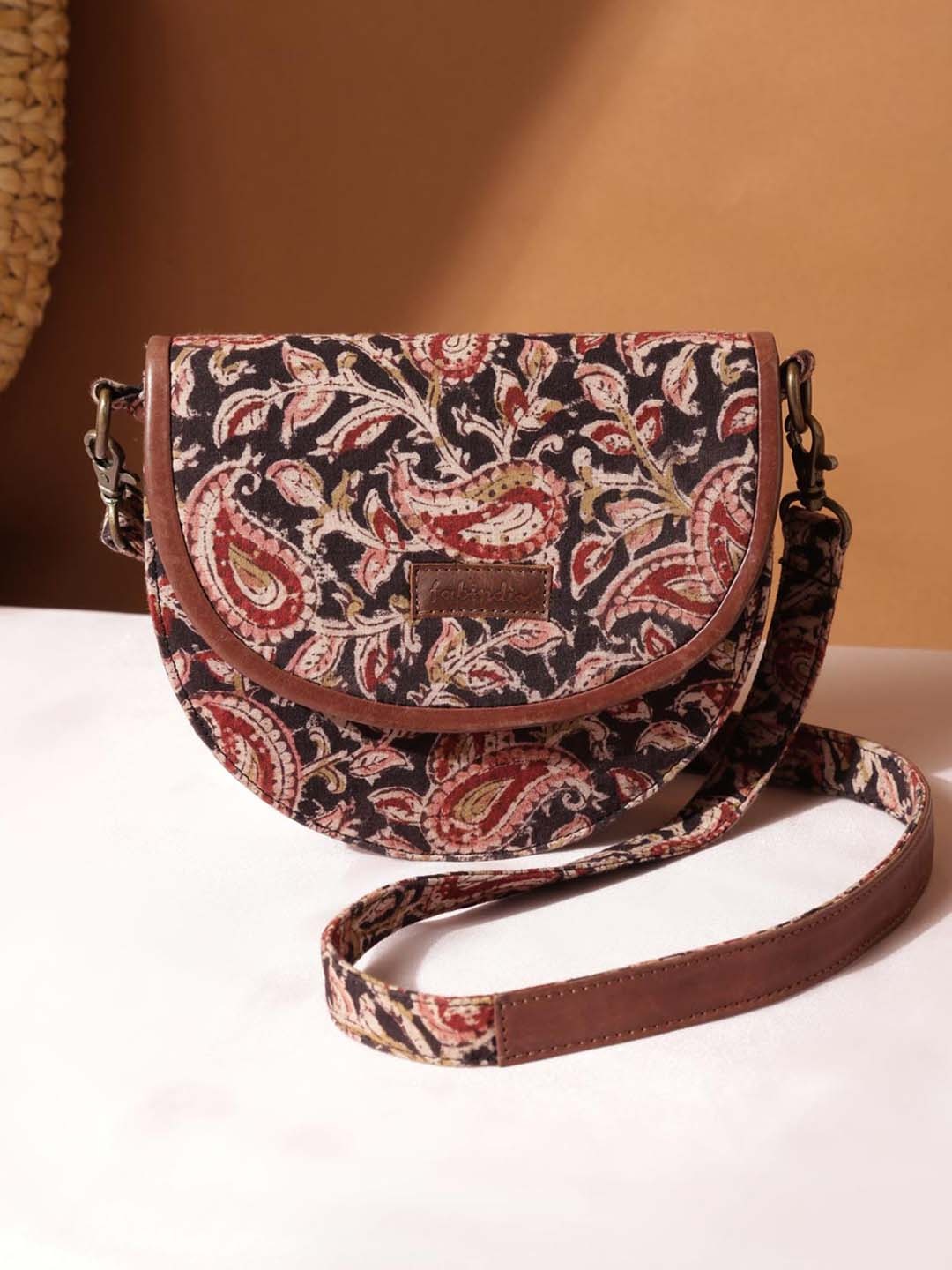 

Fabindia Ethnic Motifs Printed Cotton Structured Sling Bag, Brown