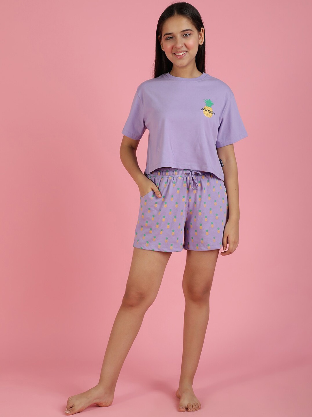 

Lil Tomatoes Girls Floral Printed Round Neck Top With Shorts, Purple
