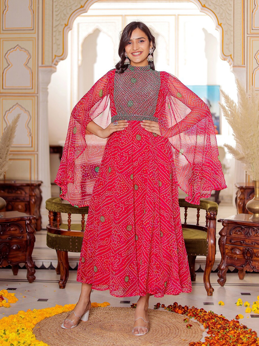

Chandbaali Embroidered Flared Sleeves Chiffon Maxi Dress, Rose