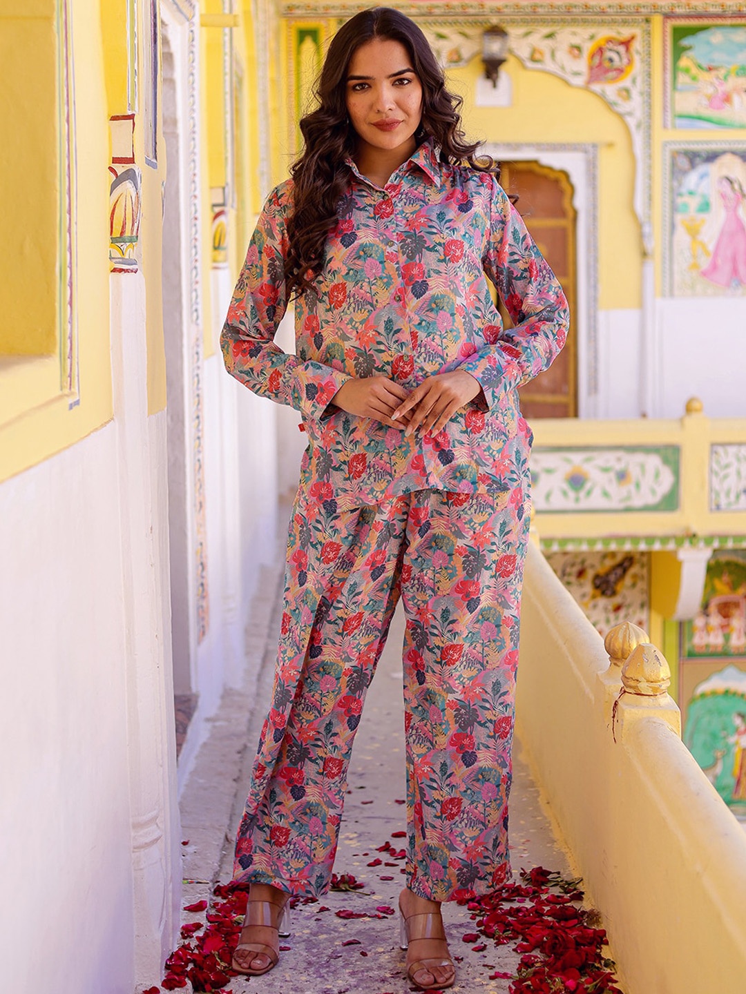 

Chandbaali Floral Printed Linen Shirt With Trousers, Purple