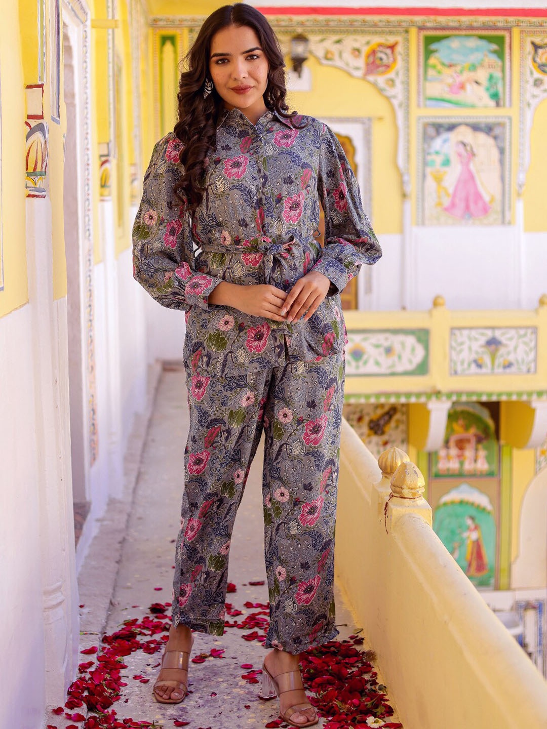 

Chandbaali Floral Printed Top & Trousers Co-Ords Set, Grey