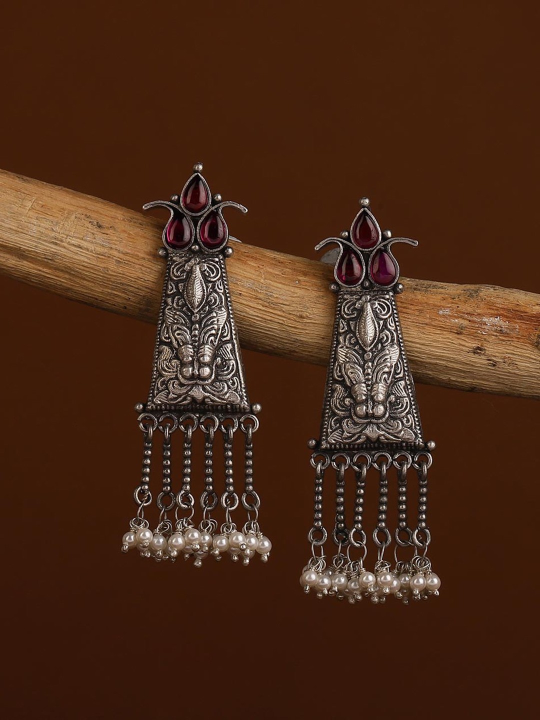 

Fabindia Silver Artificial Stones-Studded & Beaded Oxidised Contemporary Drop Earrings