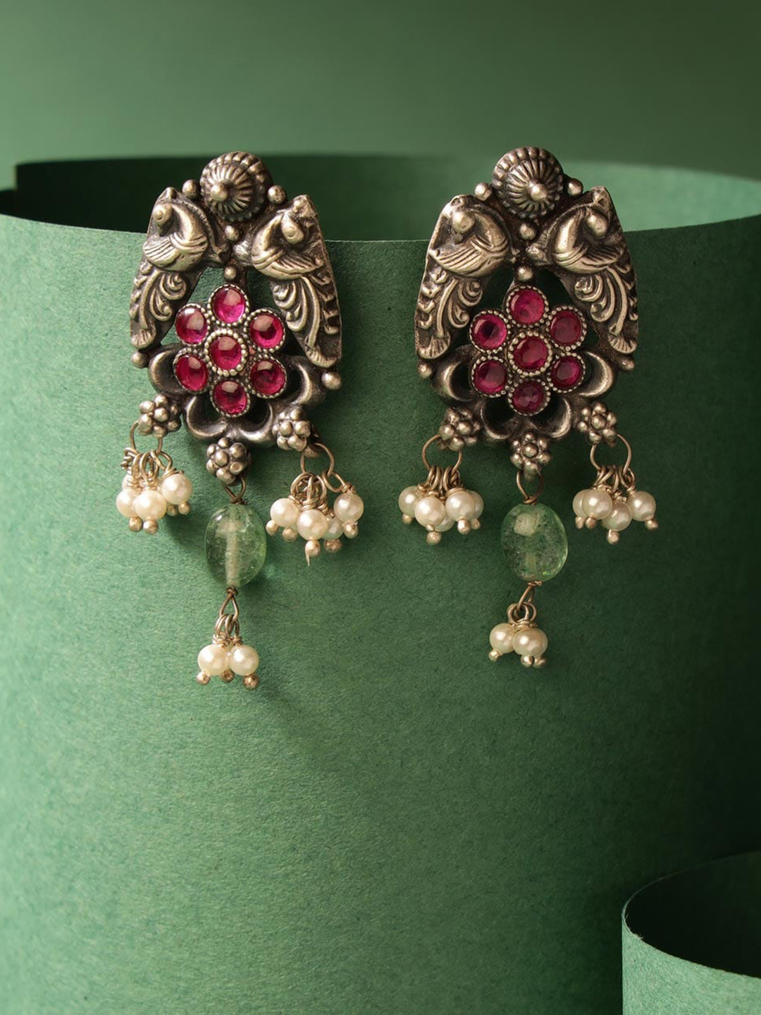 

Fabindia Silver Artificial Stones-Studded & Beaded Contemporary Drop Earrings