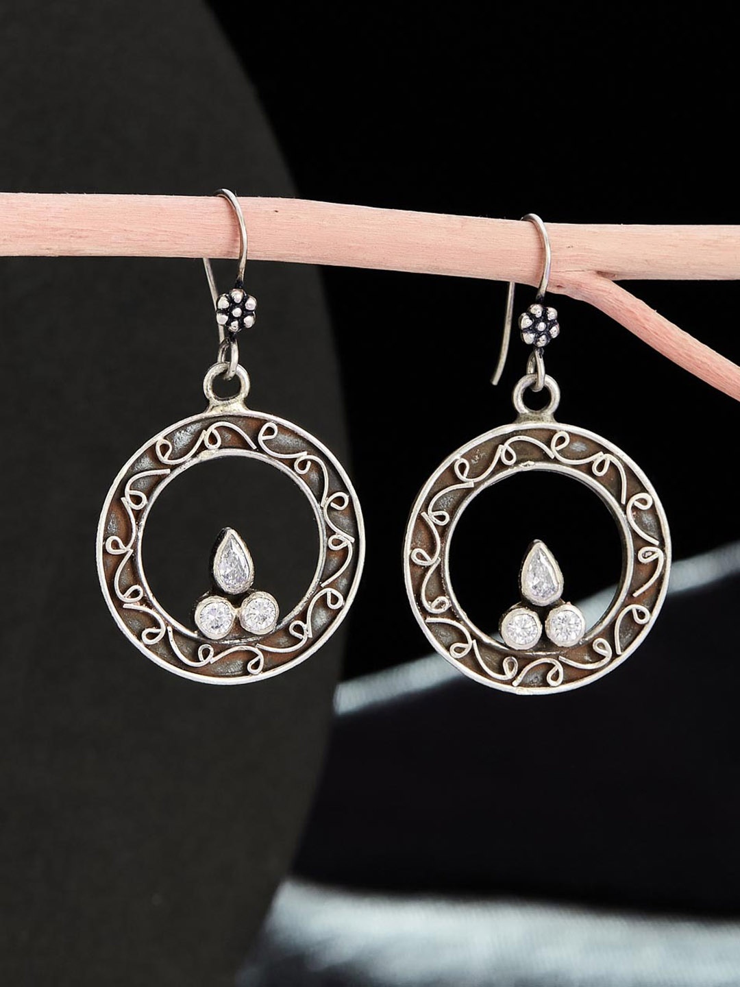 

Fabindia Silver Artificial Stones-Studded Contemporary Drop Earrings