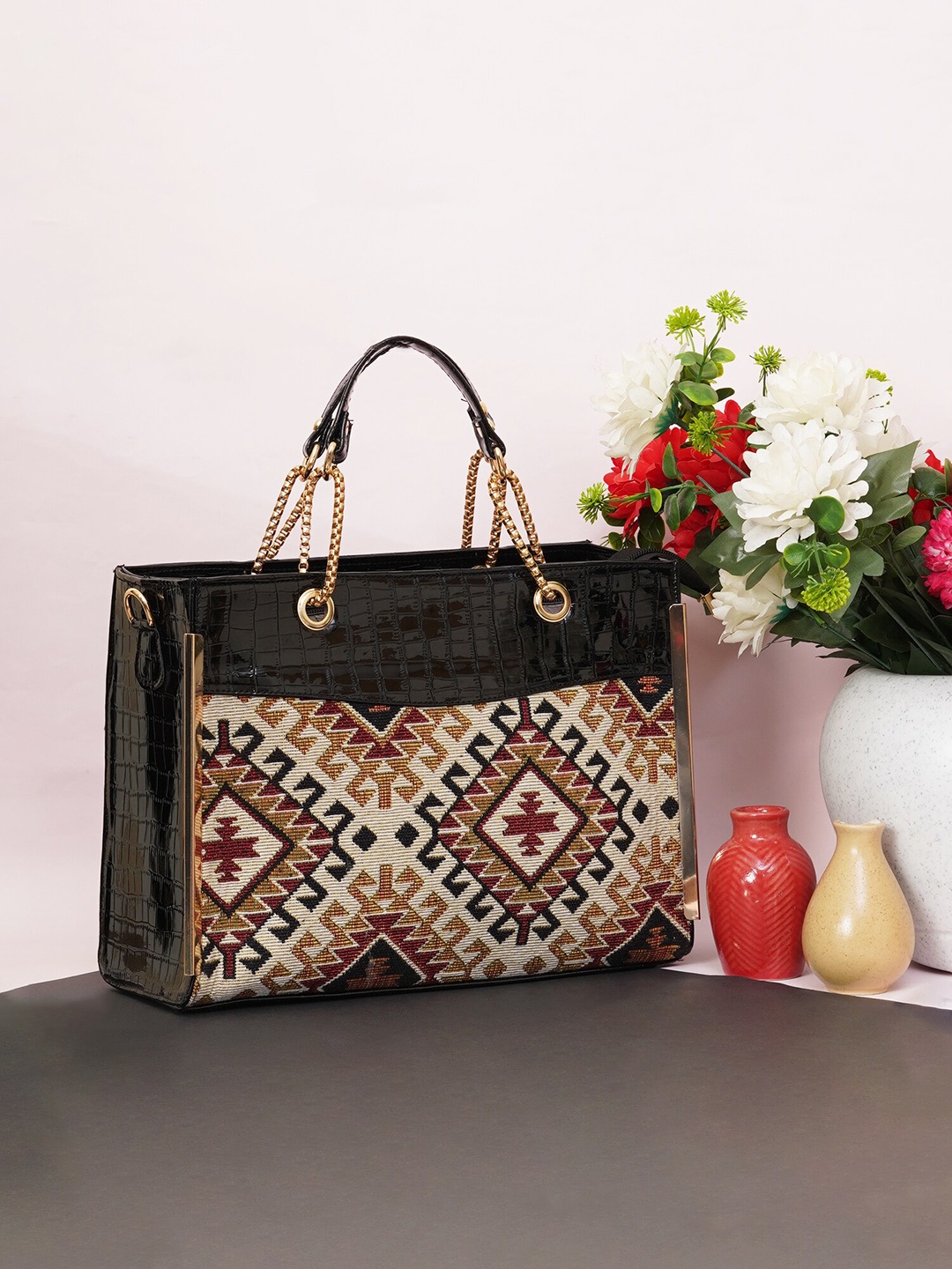 

FABBHUE Geometric Printed Structured Handheld Bag, Black