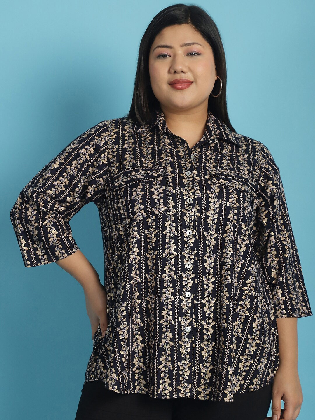 

theRebelinme Plus Size Opaque Printed Casual Shirt, Navy blue