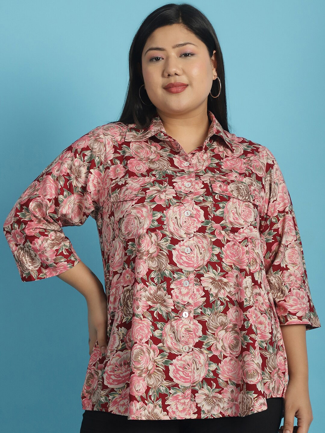 

theRebelinme Plus Size Floral Printed Casual Shirt, Maroon