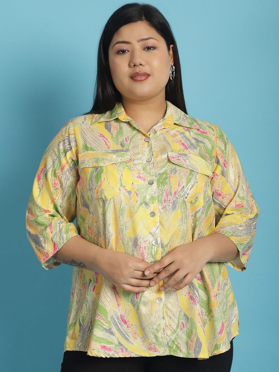 

theRebelinme Plus Size Floral Opaque Printed Casual Shirt, Yellow