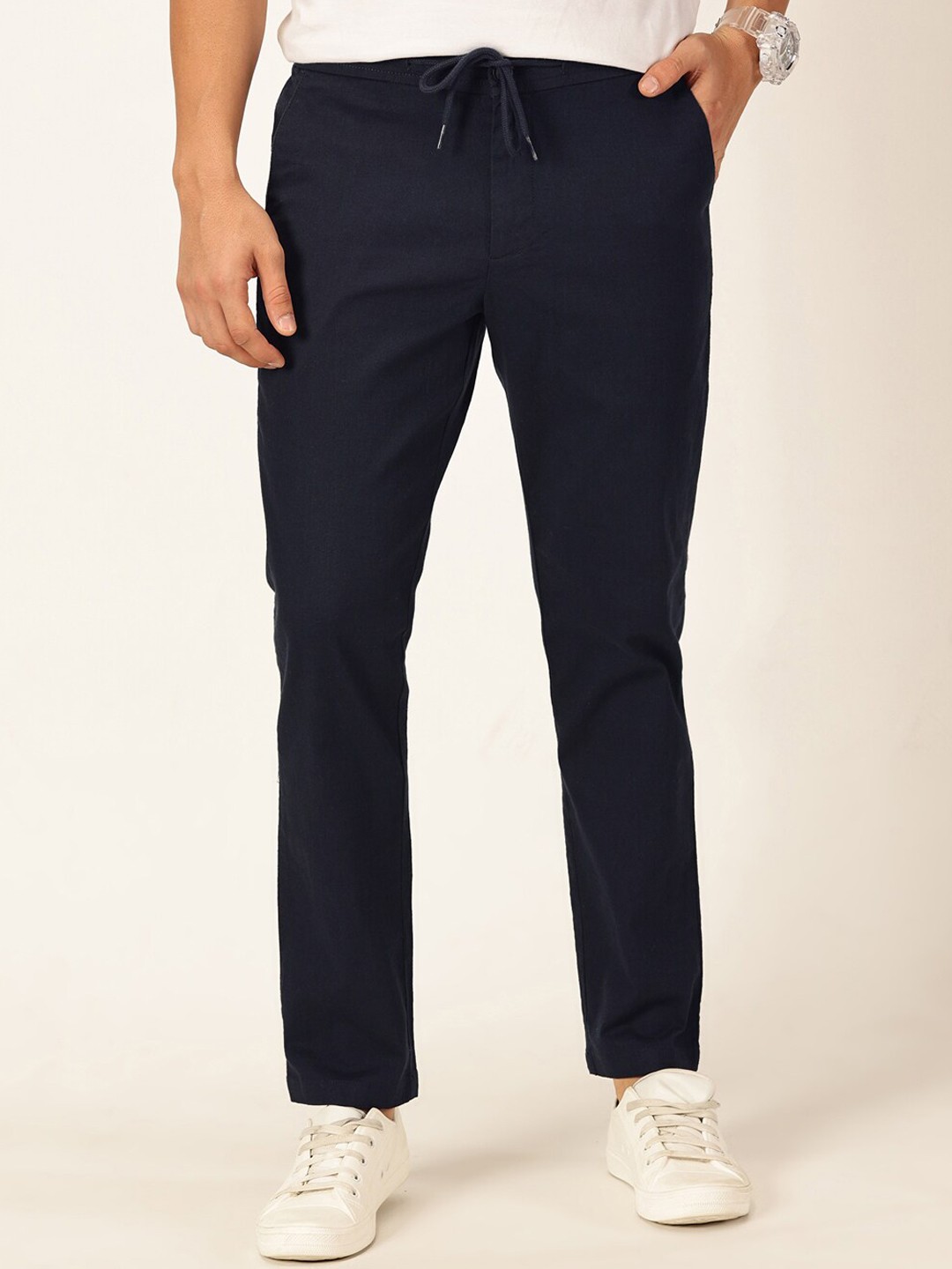 

Mast & Harbour Men Navy Blue Classic Slim Fit Linen Easy Wash Regular Trousers