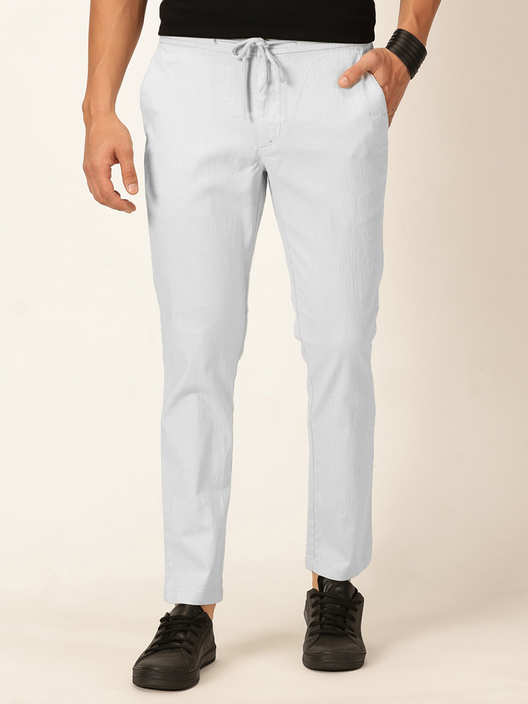 

Mast & Harbour Men Grey Classic Slim Fit Linen Easy Wash Regular Trousers