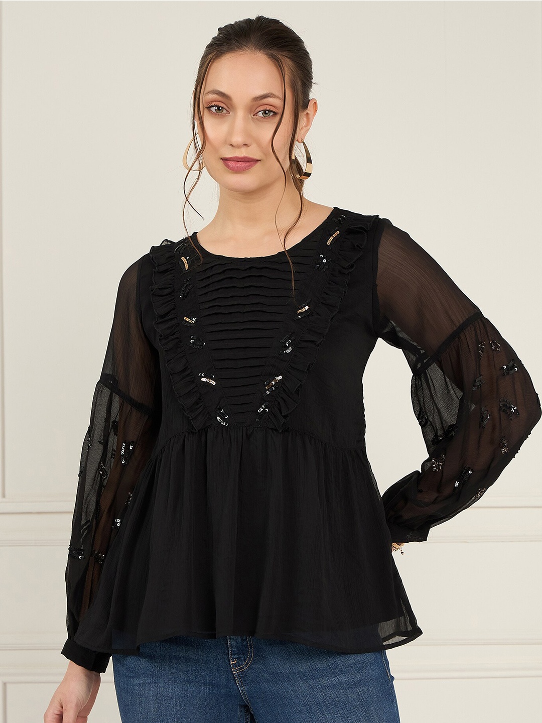 

Antheaa Cuffed Sleeves Pleated Sequined Chiffon Top, Black
