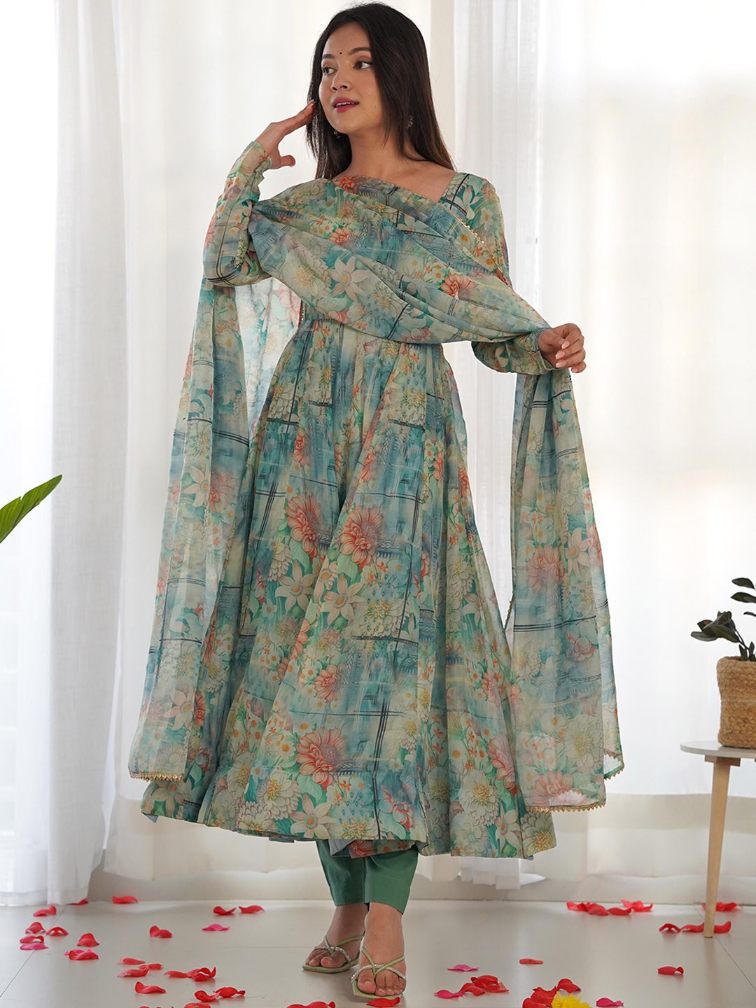 

Fusionic Floral Printed Organza Anarkali Kurta with Trousers & Dupatta, Green