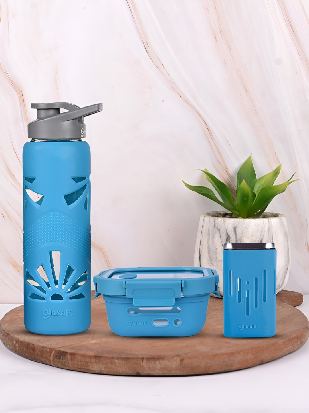 

GLASAFE Blue Glass 3 Pieces Lunch Box with Water Bottle
