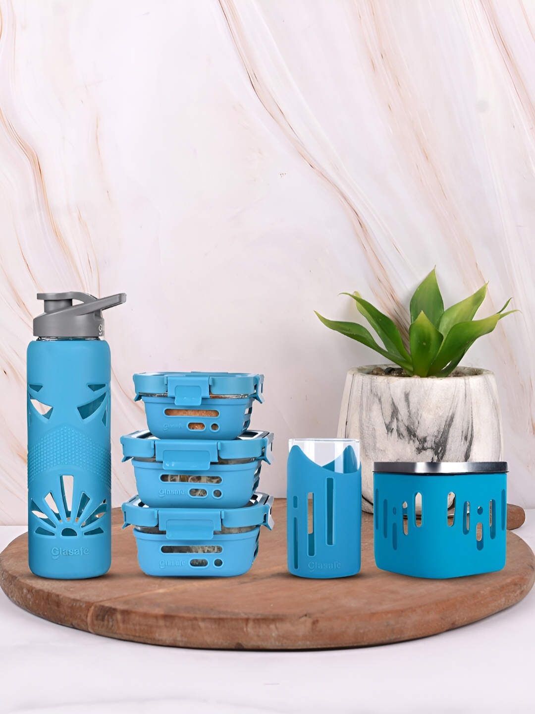 

GLASAFE Blue Glass 5 Pieces Lunch Box With Water Bottle & Container