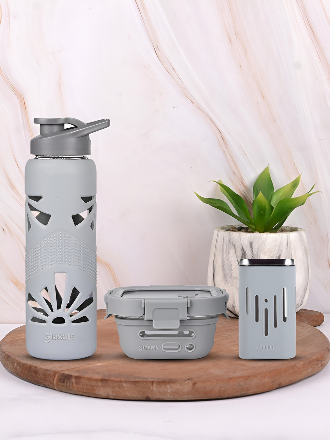 

GLASAFE Grey Glass 3 Pcs Lunch Box with Water Bottle & Glass