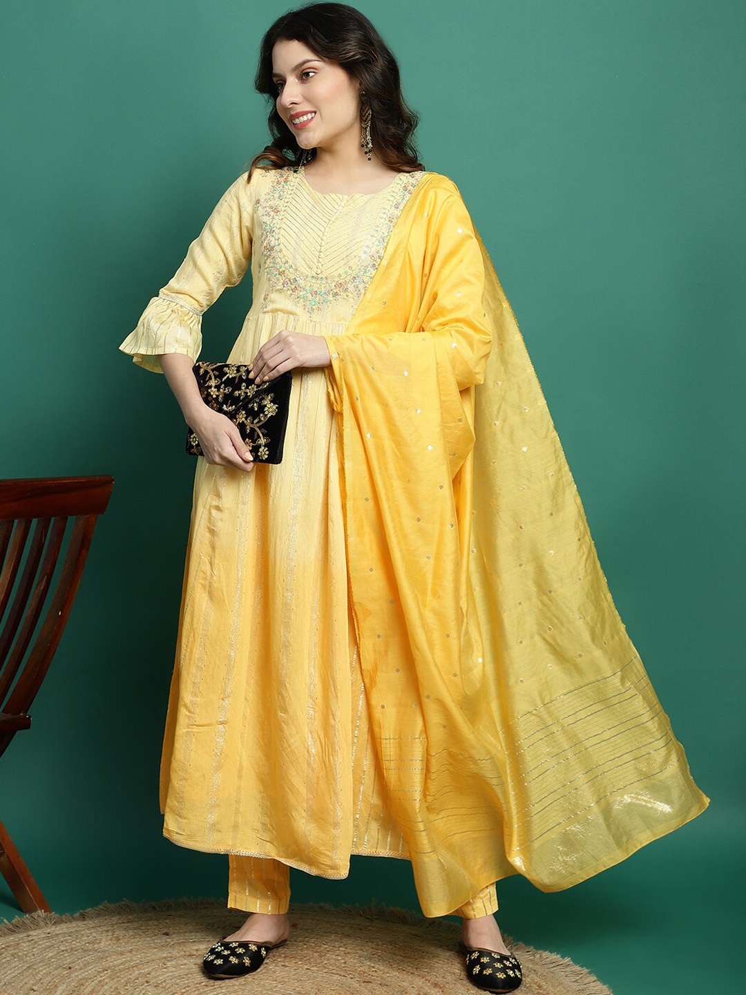 

Sangria Embroidered Self Design Anarkali Kurta With Trousers & Dupatta, Yellow