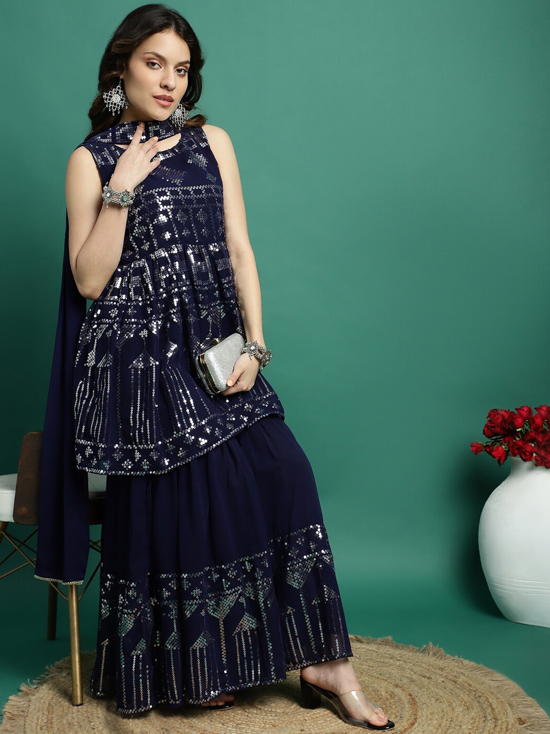 

Sangria Sequin Embellished Round Neck Sleeveless Kurti With Sharara & Dupatta, Blue