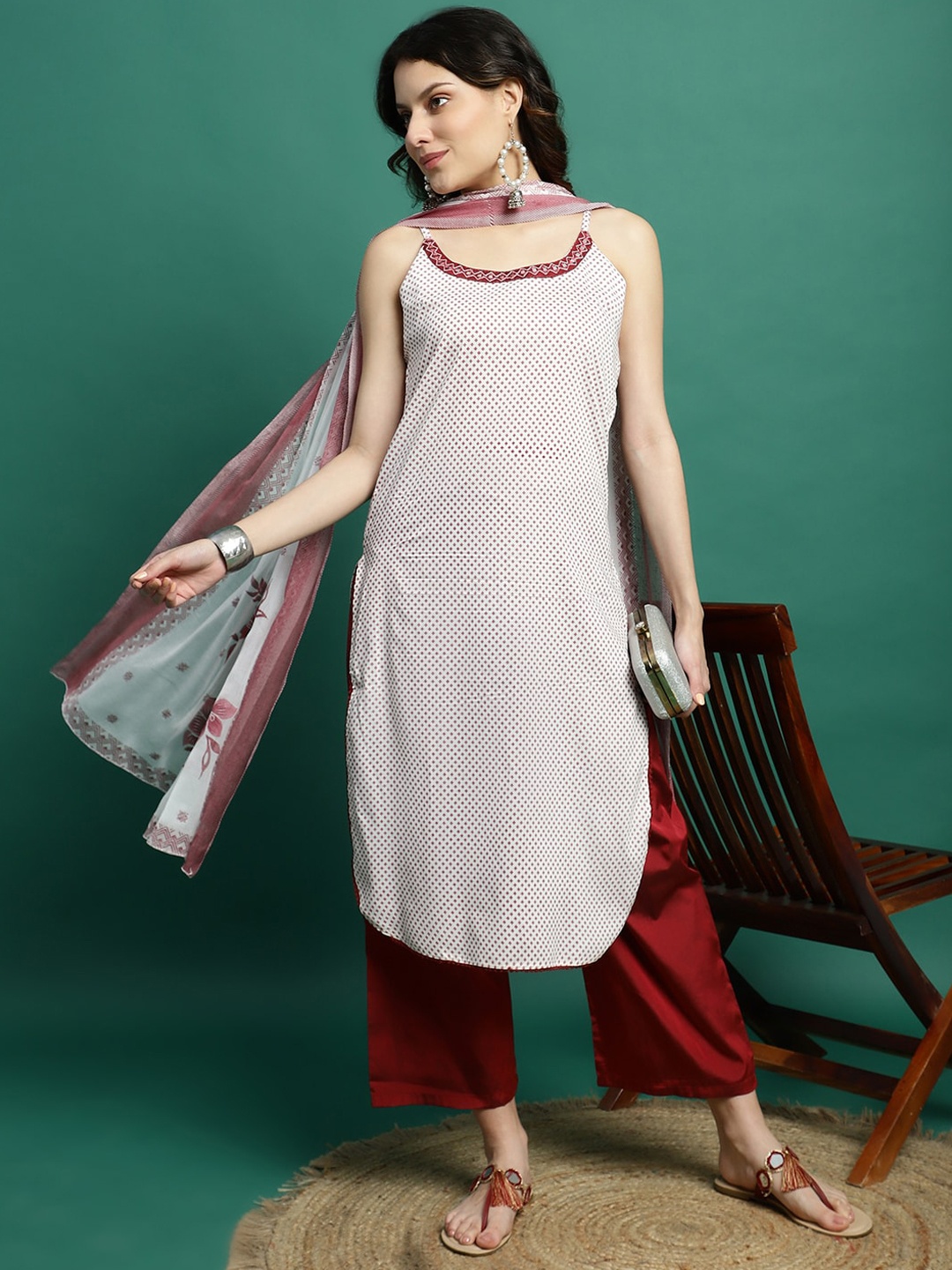 

Sangria Floral Printed Sleeveless Straight Kurta With Trousers & Dupatta, White