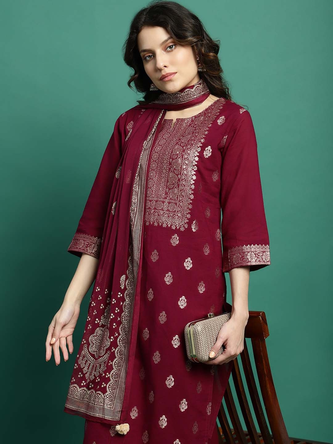 

Sangria Ethnic Motifs Woven Design Notch Neck Straight Kurta With Trousers & Dupatta, Burgundy