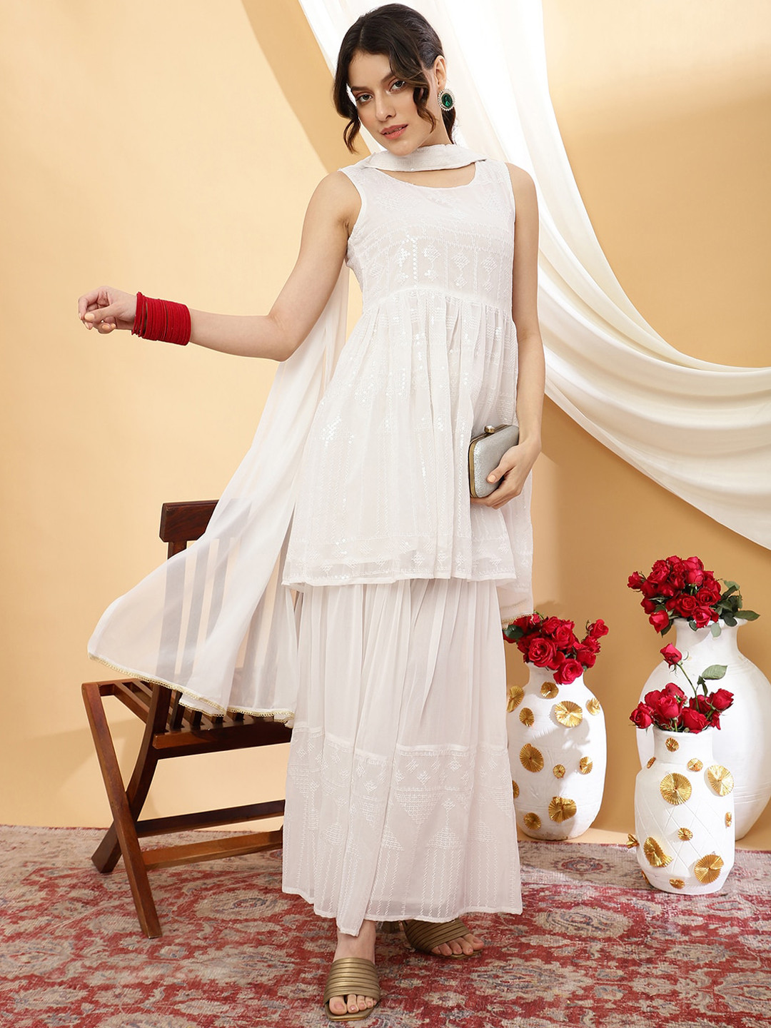 

Sangria Sequin Embellished Round Neck Sleeveless Kurti With Sharara & Dupatta, White