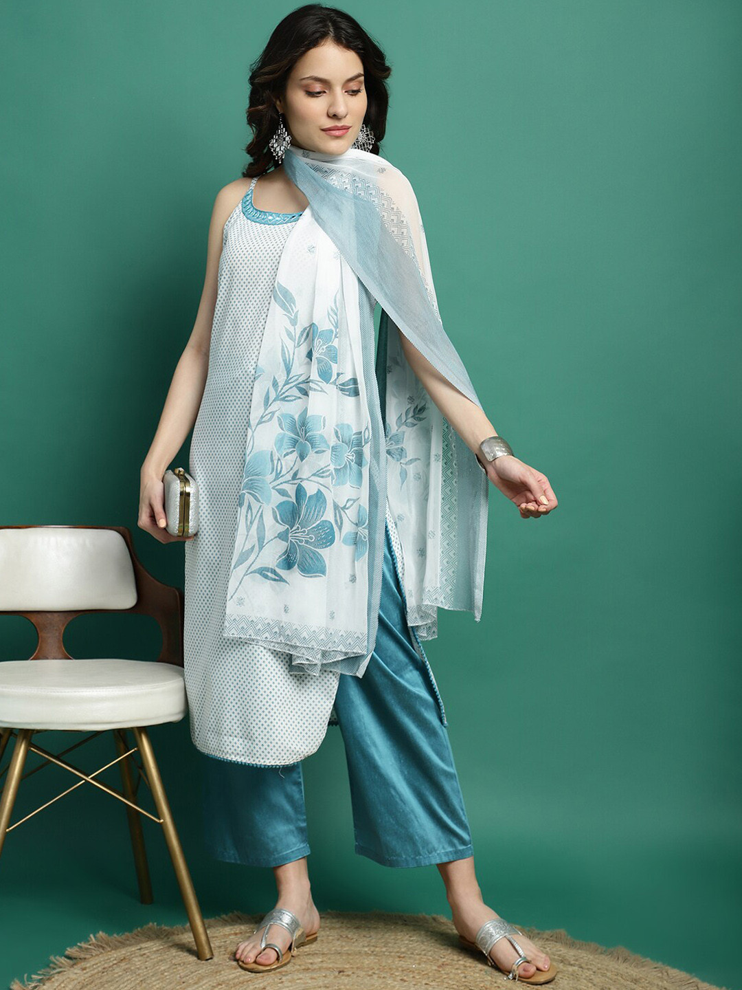 

Sangria Floral Printed Mirror Work Sleeveless Straight Kurta With Palazzo & Dupatta, White