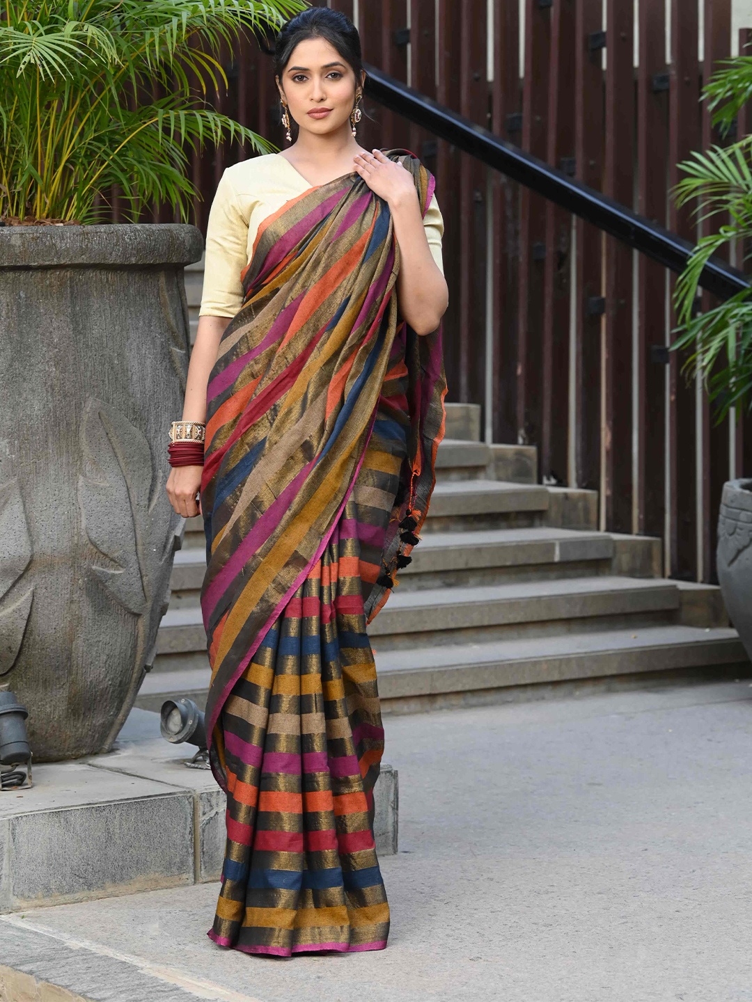 

BEATITUDE Striped Tissue Saree, Red
