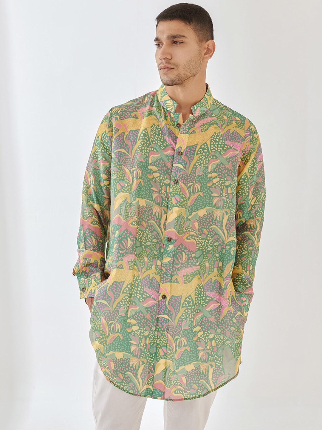 QB MEN Floral Printed Silk Pathani Kurta, Green