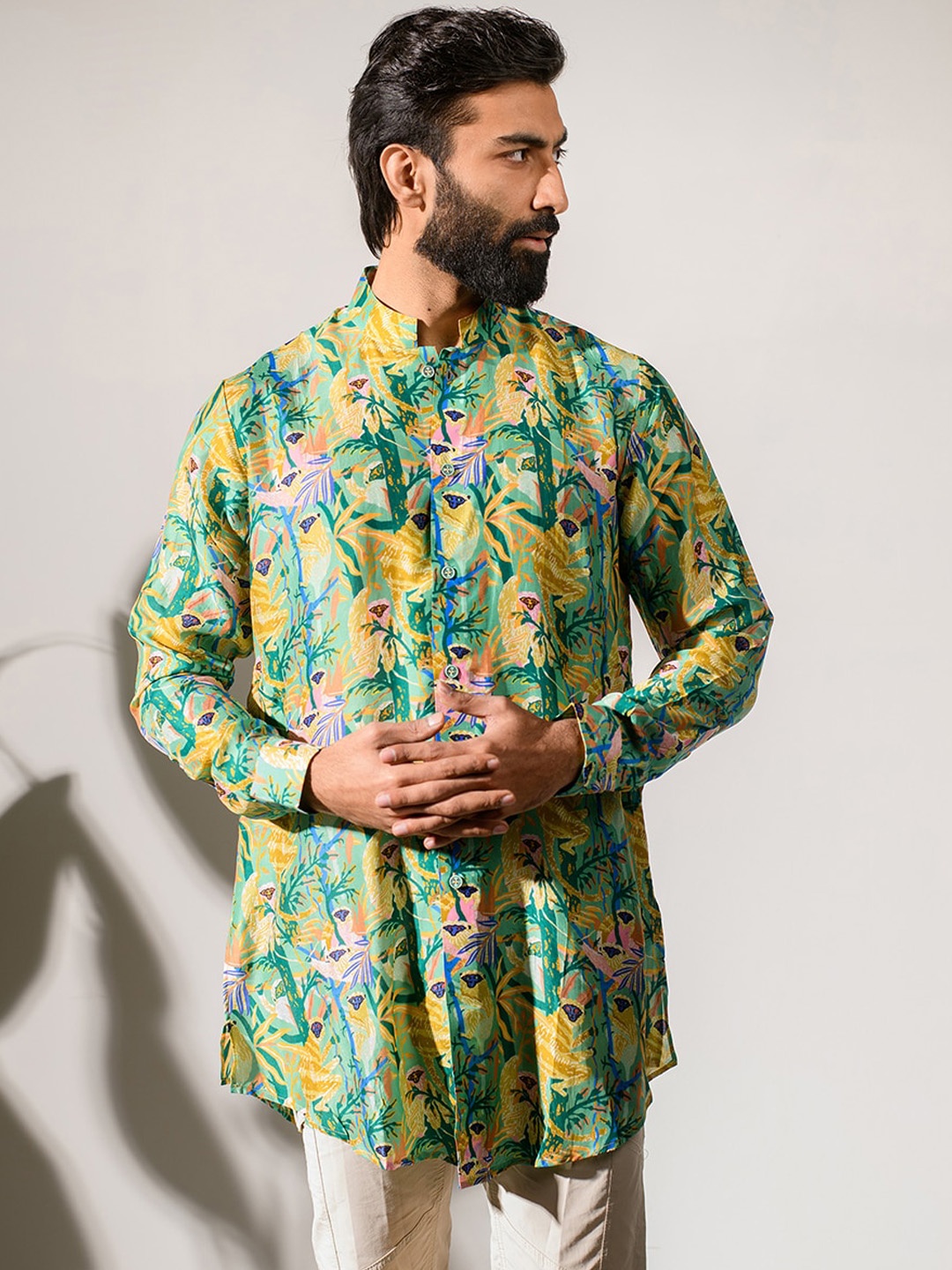 

QB MEN Floral Printed Silk Pathani Kurta, Green