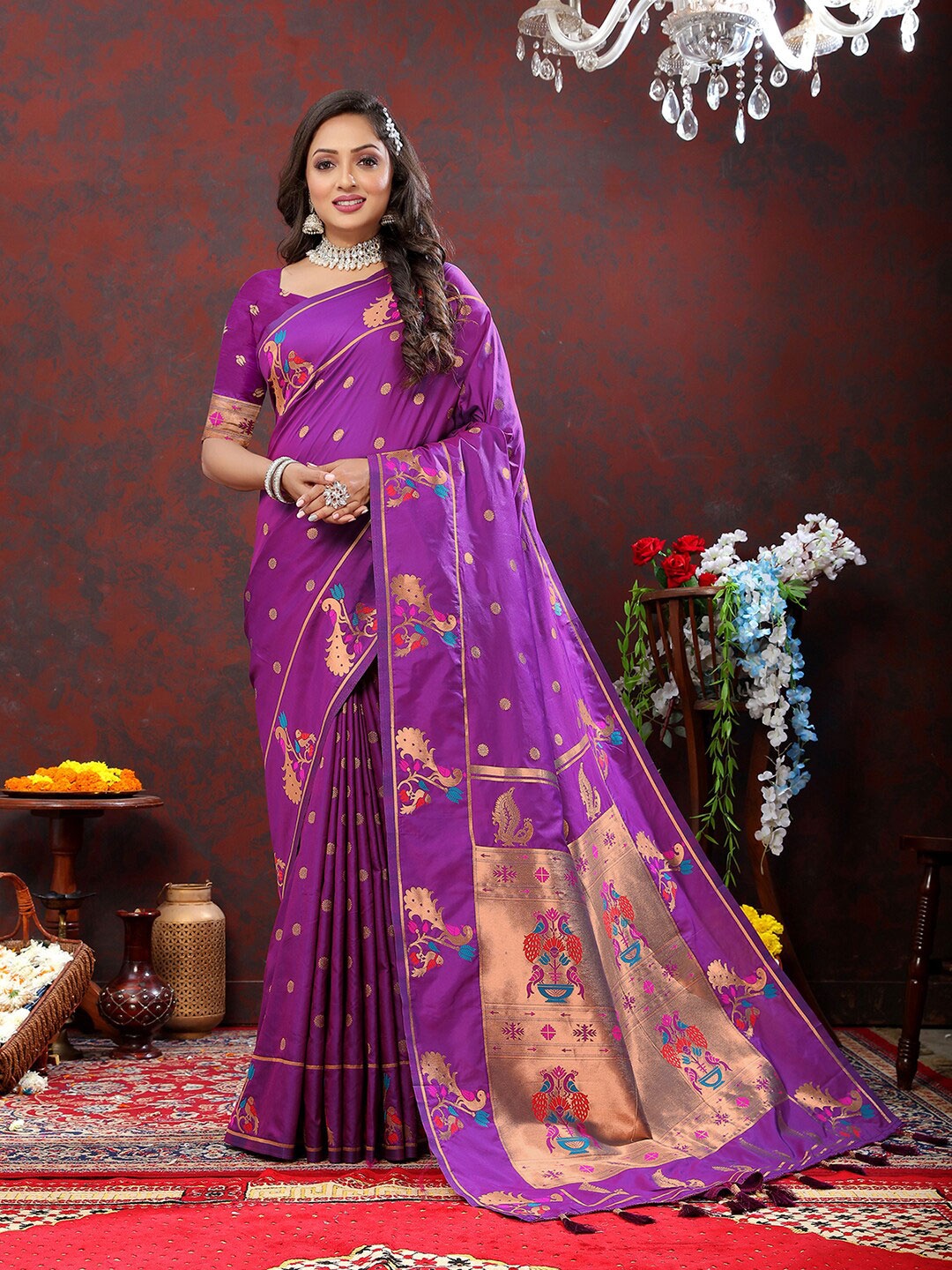 

MARGI DESIGNERS Ethnic Motifs Woven Design Zari Art Silk Paithani Saree, Purple