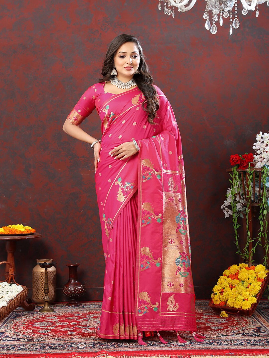 

MARGI DESIGNERS Ethnic Motifs Woven Design Zari Art Silk Paithani Saree, Pink