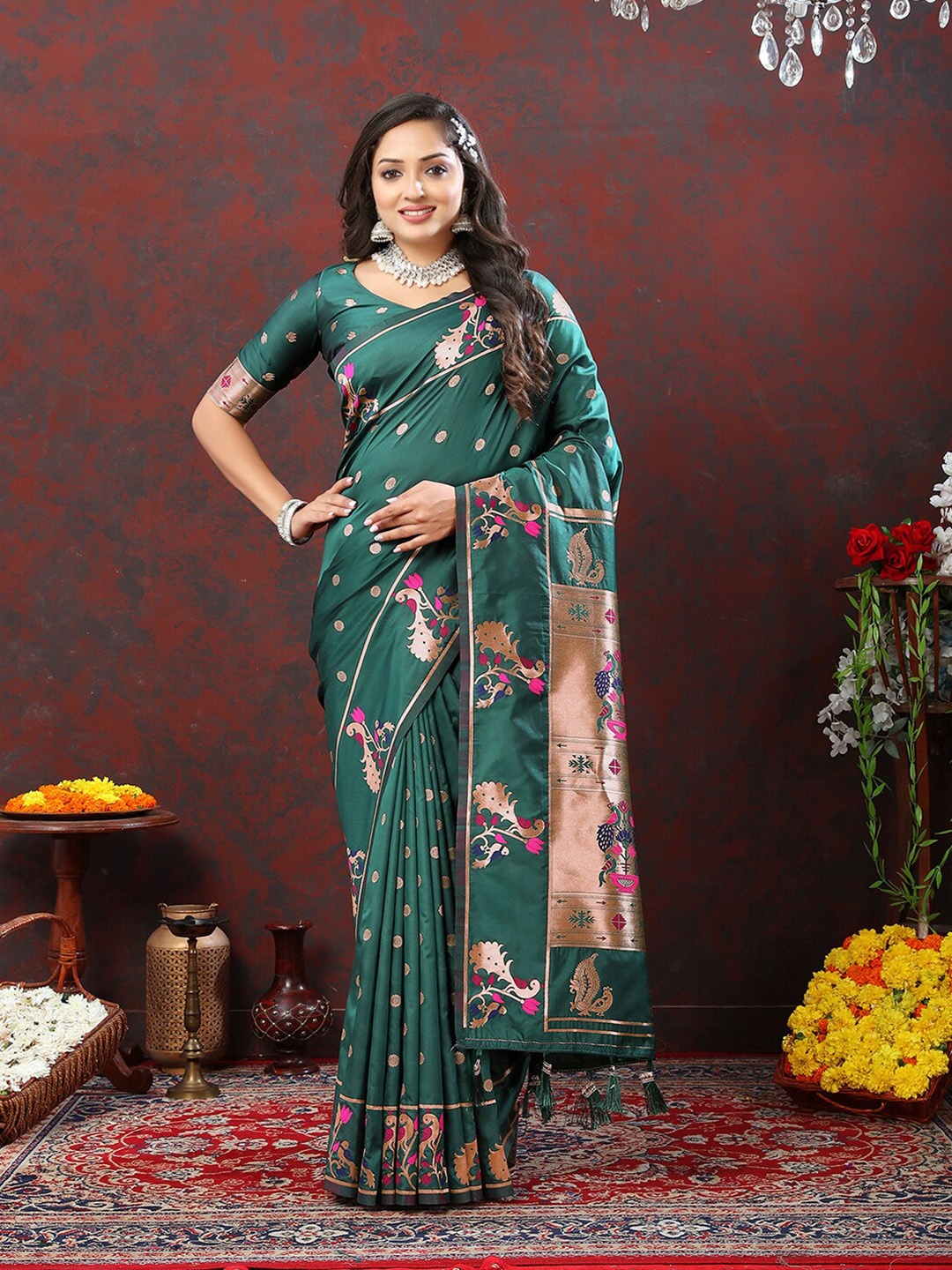 

MARGI DESIGNERS Ethnic Motifs Woven Design Zari Art Silk Paithani Saree, Green