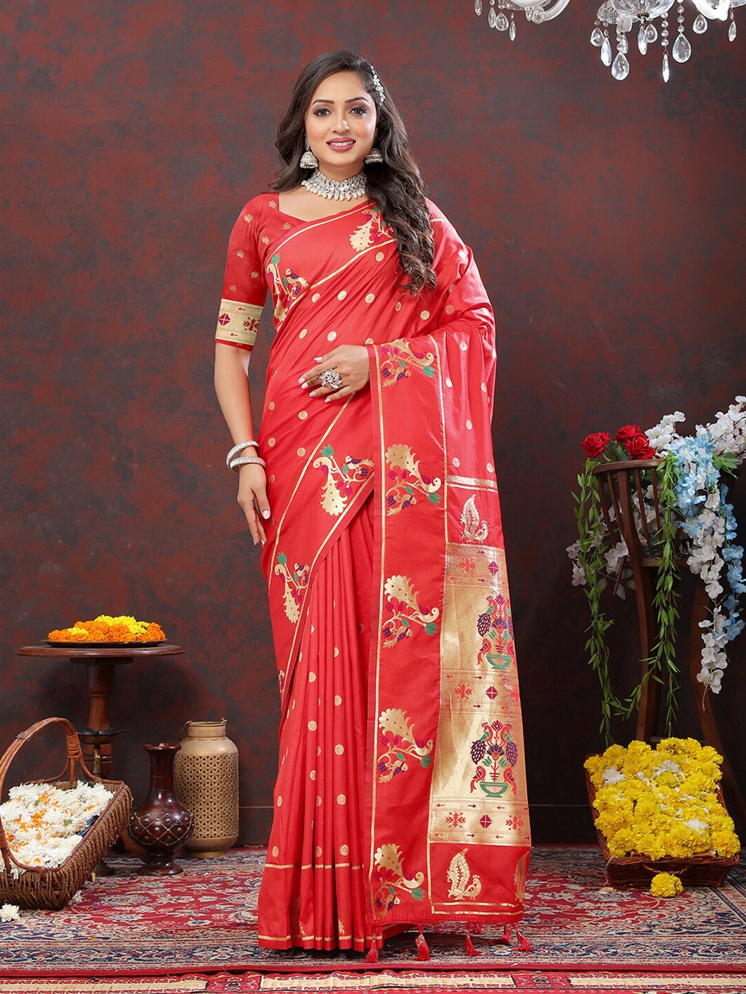 

MARGI DESIGNERS Ethnic Motifs Woven Design Zari Art Silk Paithani Saree, Red